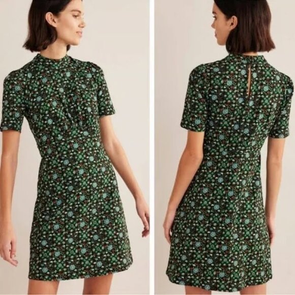 Boden Black Green Gardenia Swirl Jersey Mini Dress, size 6R - Picture 1 of 11